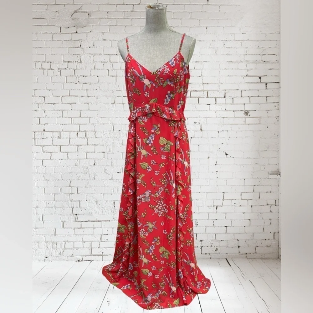 Nanette Leopore red floral Hummingbird long /Maxi flowy summer dress sz: 10